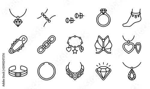 Cuadro en lienzo Jewelry Icons Set: Necklaces, Rings, Bracelets, Anklets, Earrings, Pendants, Vec