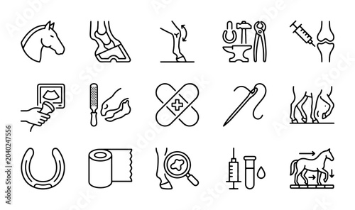 Foto Equine Veterinary Care Icons: Horse Health, Hoof Care, Treatment, and Diagnosis