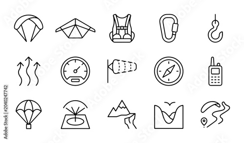 Tableau sur toile Paragliding and Adventure Sports Icons: Parachutes, Hang Gliders, Carabiners, Wi