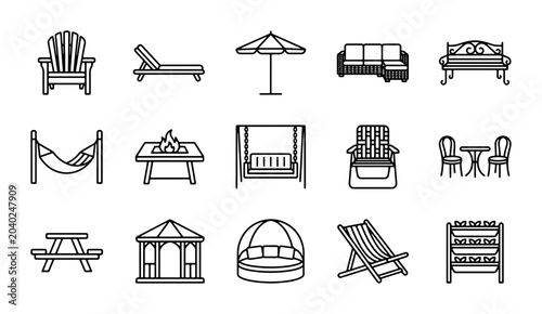 Schilderij op canvas Outdoor Furniture Icons Set: Patio Chairs, Loungers, Umbrellas, Swings, Benches,