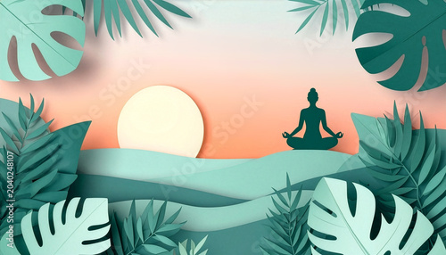 Paper cut art of a person meditating in lotus pose with tropical leaves and big sun, mental health and wellness concept background