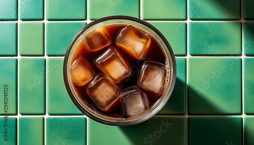 refreshing iced americano on a green tile table top down shot