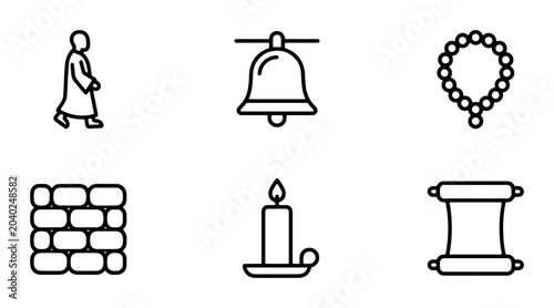 Foto Monastic Life Icons: Monk, Bell, Rosary, Wall, Candle, Scroll Vector Set