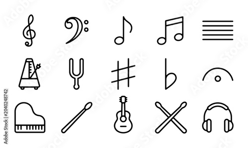 Foto Musical Notation Icons Set, Treble Clef, Bass Clef, Notes, Metronome, Guitar, He