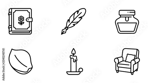 Картината върху платно Vintage Writing Set Icons, Quill Pen, Inkwell, Candle, Book, Armchair, Leaf, Ret