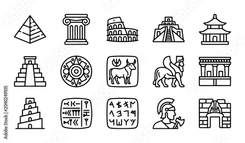 Foto Ancient Civilizations Icons Set: Pyramids, Colosseum, Temples, Hieroglyphs, Myth