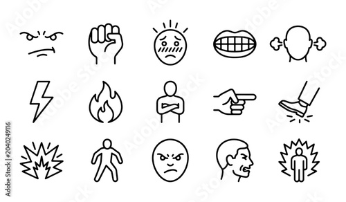 Foto Anger Icons, Emotion Symbols, Aggression Vector Set, Rage Facial Expressions, Fr