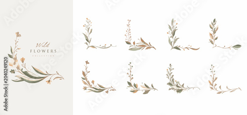 Botanical corner elements with subtle watercolor leaves and delicate floral accents on a neutral background