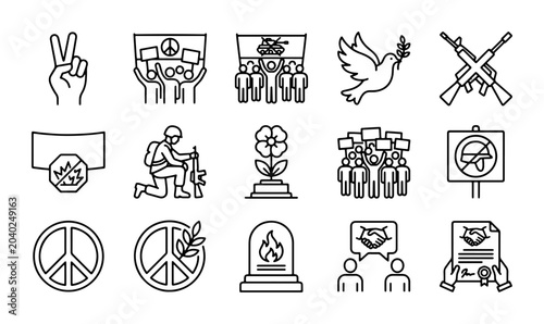 Tableau sur toile Peace Symbols, Protest Icons, Dove of Peace, Soldier, Vector Graphics Set