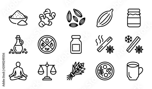 Bild auf Leinwand Spice Icons Set: Culinary Ingredients, Aromatherapy Elements, Wellness Symbols,
