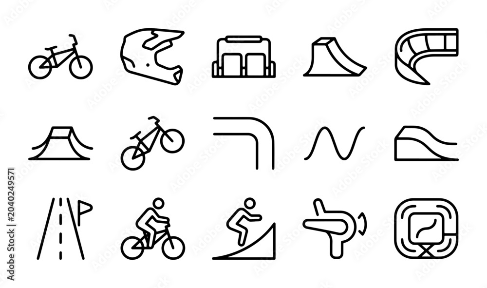 Fototapeta premium BMX Bike Icons, Extreme Sports Gear, and Track Elements Vector Set