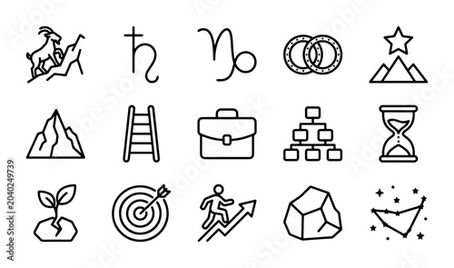 Billede på lærred Business Growth Icons: Mountain, Ladder, Target, Career Success, Strategy, Achie