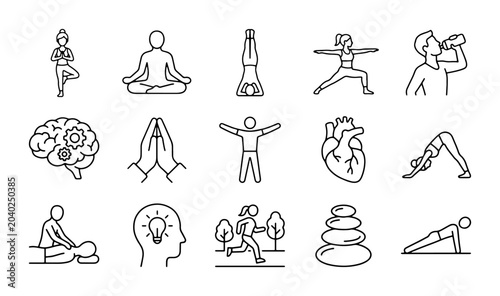 Photography Wellness Icons Set: Yoga, Meditation, Fitness, Health, Mind, Body, Balance, Life