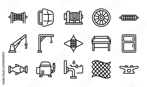 Bild auf Leinwand Fishing Gear Icons Set, Nautical Equipment Vector Graphics, Marine Industry Symb