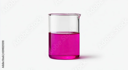 A clear glass beaker filled with vibrant pink liquid on a white background.