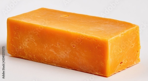 A Solid Block of Bright Orange Cheddar Cheese on a White Background.