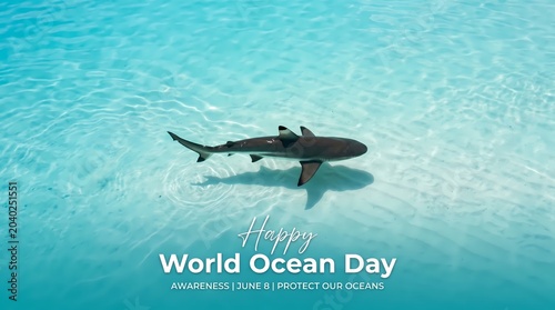 Happy World Ocean Day illustration with a shark swimming in clear blue water symbolizing ocean conservation and awareness for marine life