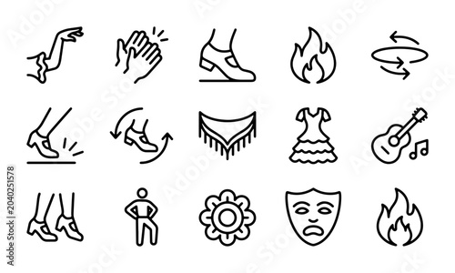 Quadro su tela Flamenco Dance Icons Set: Dancer, Guitar, Fire, Mask, Shawl, Footwork, 15 Vector