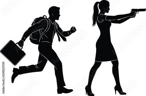 Fotografia Silhouette man running briefcase woman aiming handgun illustration design, drama