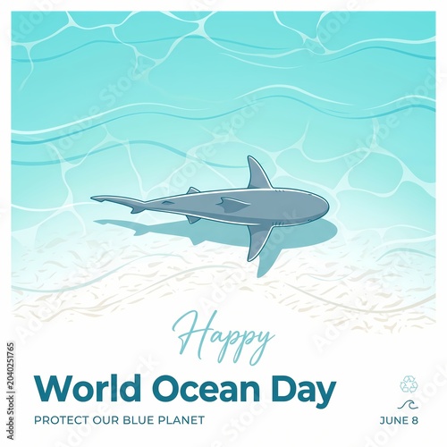 Vibrant illustration of a sleek shark gracefully navigating the pristine clear blue ocean waters above a sandy seabed, symbolizing marine conservation