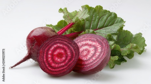 Fresh Red Beets with Vibrant Green Leaves and Cross-Section.