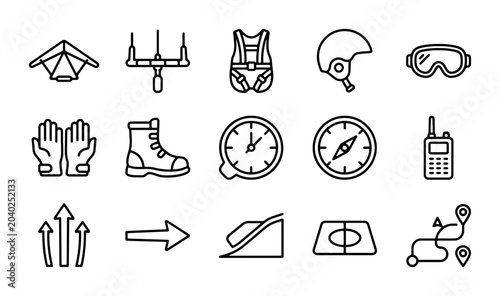 Bild auf Leinwand Extreme Sports Gear Icons, Adventure Equipment Vector Set, Paragliding and Navig
