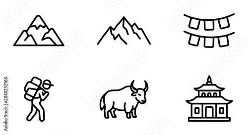 Photos Nepal Icons: Mountain Peaks, Trekker, Yak, Temple, Prayer Flags, Vector Set
