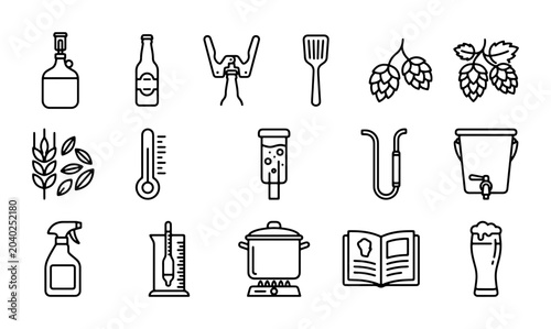 Fotografie Home Brewing Icons Set: Craft Beer Making Equipment, Ingredients, and Tools Vect
