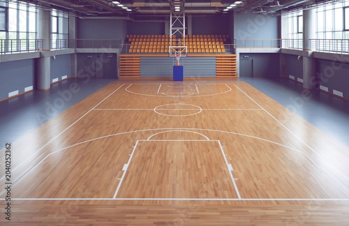 Indoor basketball court empty wooden floor modern sports arena