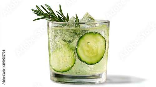 Refreshing Cucumber Rosemary Gin Cocktail with Ice and Slices.