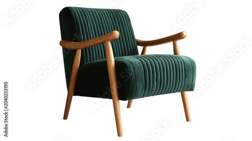 Elegant Emerald Green Velvet Armchair with Mid-Century Modern Wooden Legs.