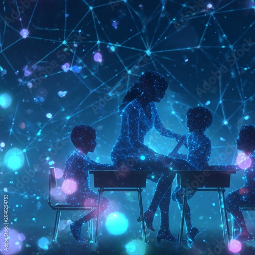 Enriching education: a teacher's role in student success. Social media community. Vivid details enrich the scene of a teacher assisting young learners. Digital interaction icon.