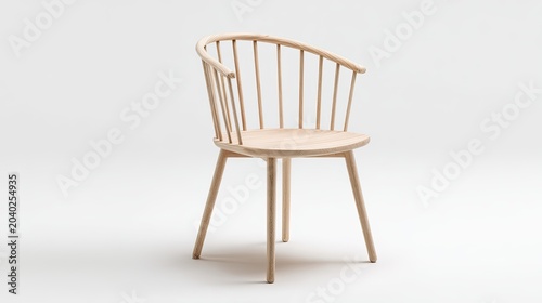Minimalist Wooden Chair with Curved Spindle Back and Tapered Legs.
