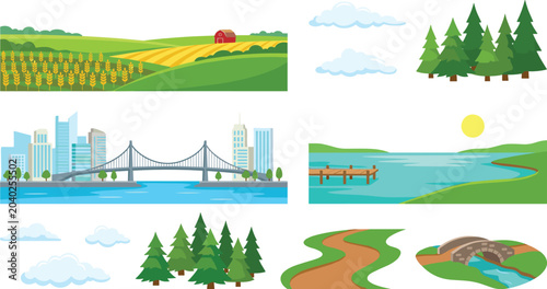 Bild auf Leinwand Natural and Urban Landscape Constructor Element Set with Farm Fields, City Skyli