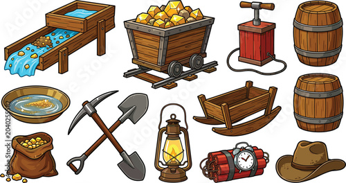 Foto Gold Mining and Wild West Prospecting Equipment Set with Mine Cart, Pickaxe, Sho