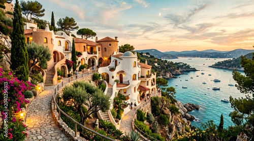 painting fantasy illustration of a picturesque dream Mediterranean hillside coastal village