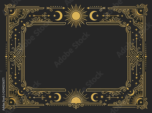 Foto Ornate Mystic Gold Celestial Border with Sun, Moon, and Stars on Dark Background