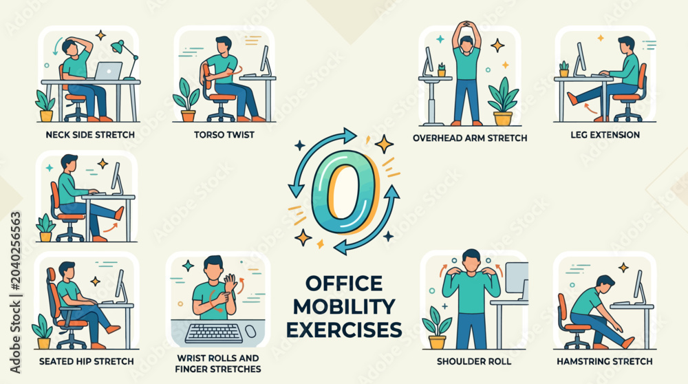 Fototapeta premium Infographic illustration of office mobility exercises and desk stretches for workplace wellness and health. EPS Editable