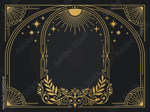 Foto Elegant Gold Art Deco Celestial Frame with Sun and Stars on Black Background - M