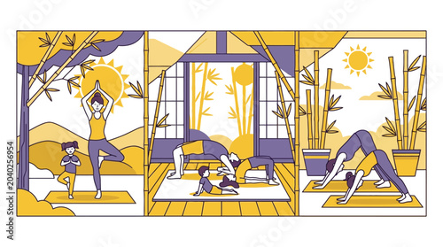Mother and child practicing yoga together vector illustration set. EPS Editable