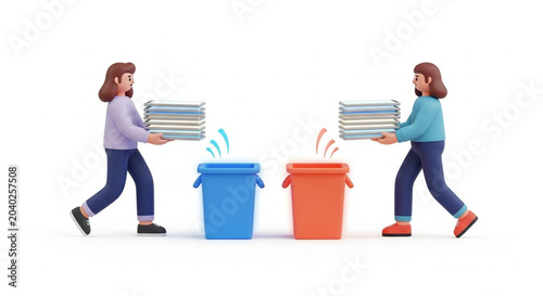 Two women recycling paper into separate colored bins outdoors.