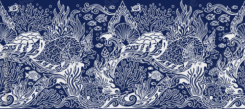 Thai-style marine life, coral reefs, and swirling ocean waves in white on a deep blue background, perfect for luxury textile prints and creative designs.