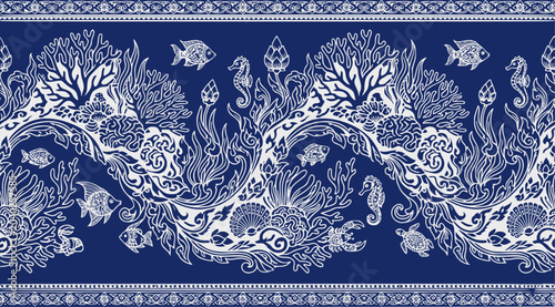 Thai-style marine life, coral, and sea creatures in white on a deep blue background, ideal for luxury textile prints and sophisticated decor.