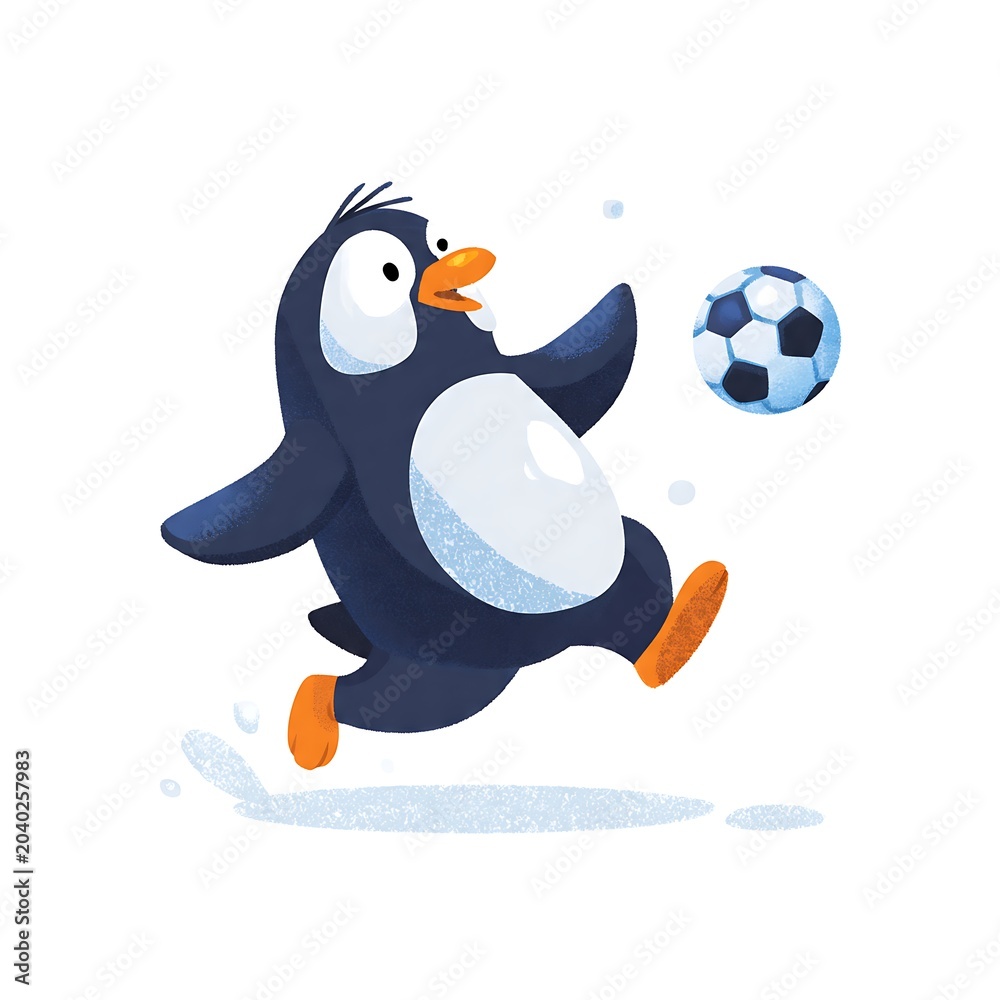 Obraz premium Cute cartoon penguin sliding on ice in flat vector style.