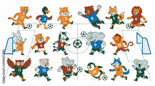 Photography Cute Cartoon Animal Soccer Players in Action Wearing Jerseys with Numbers