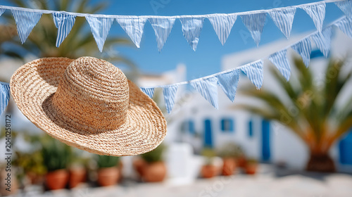 A straw hat hangs in the foreground against a blurred Greek-style courtyard with white walls, palm trees, and festive light blue bunting flags against a clear summer sky