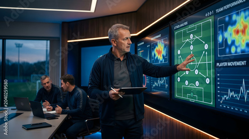 Football coach analyzing player performance and team strategies on large digital screens during a tactical planning meeting in a modern sports facility