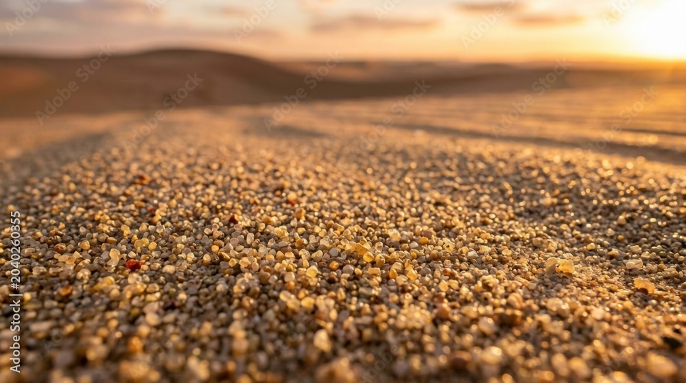 Obraz premium Close-up view of sand grains with a blurred background of a desert landscape at sunset.