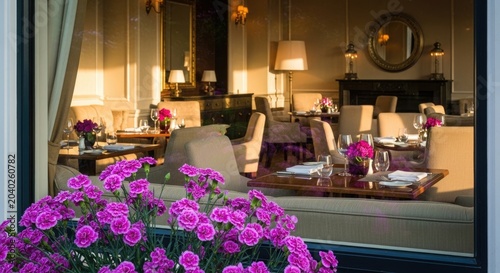 Luxury restaurant interior with flowers