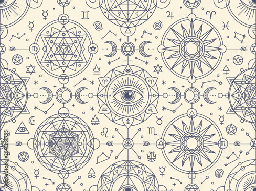 Φωτογραφία Sacred Geometry Seamless Pattern with Astrology Symbols, Mystical Celestial Alch